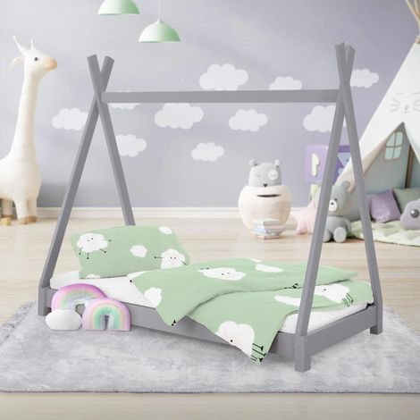 ML-Design Lit d'Enfants Tipi 70x140 cm avec Sommier à Lattes, Bois Massif Gris Clair, Tente Indien de Jeu, Cadre pour Fille et Garçon, Stable, Robuste, d'Intérieur, Simple d`Adolescents (1/5)