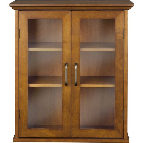 Teamson Home Avery Removable Two-Door Wall Cabinet, Oiled Oak Veneer with Tempered Glass Doors, Antique Brass Handles, 2 Adjustable Shelves for Bathroom or Kitchen Storage (1/5)