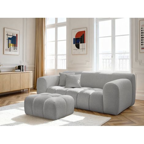 BOBOCHIC - Canapé droit fixe 2 places MELISSE tissu chiné avec pouf   Gris clair