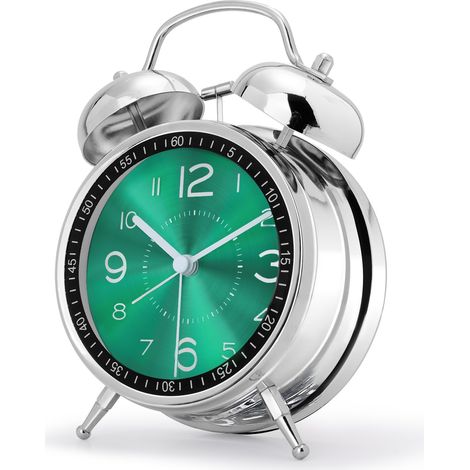 Reveil Bruyant pour Dormeurs Lourds, Double Cloche Fort, avec Lumière de Nuit, Grand Réveil Matin Métal, Horloge de Table Analogique Silencieux pour Chambre Bureau 16cm, Vert (1/4)