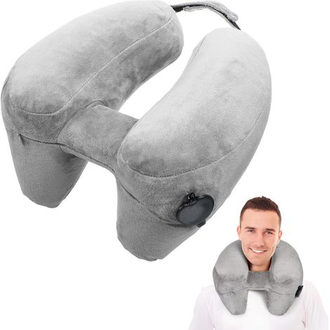 Oreiller de Voyage Gonflable avec Capuche Coussin Cervical Ajustable Housse Amovible Lavable Léger et Compact Coussin Soutien Nuque Avion et Voiture (1/5)