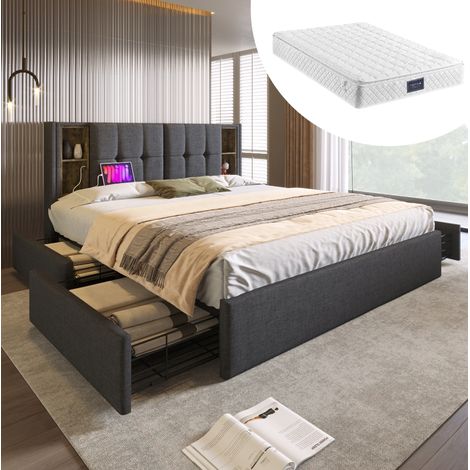 Cama 160x200 cm de lino gris con carga inalámbrica, 4 cajones y colchón - CHICFURN (1/5)