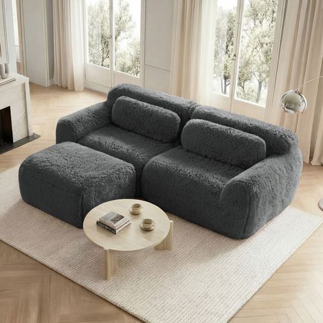 Divano modulare angolare a 2 posti, tessuto felpato, grigio, 204 x 179 x 73 cm HAVRYA (1/5)