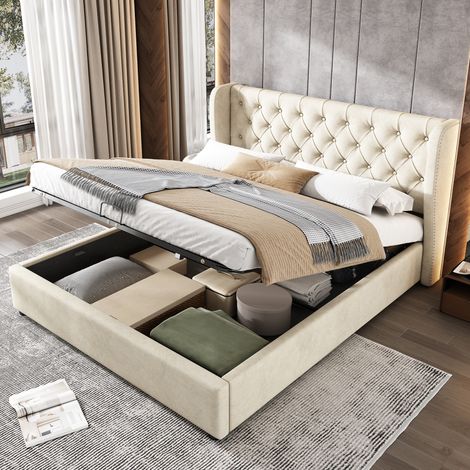 Lit coffre 140 x 200 cm, lit double, rangement hydraulique, tĂŞte de lit haut (99cm), cadre bois et acier, sans matelas, Beige (1/5)