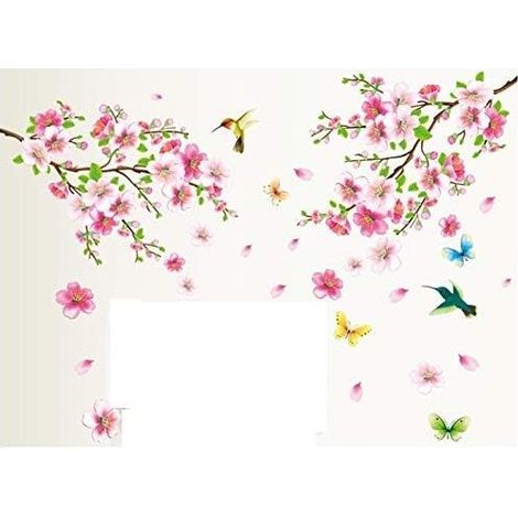 Sticker mural XXL fleurs de pêcher et oiseaux Film PVC autocollant Taille 60x90 cm Décoration pour salon et chambre (1/4)
