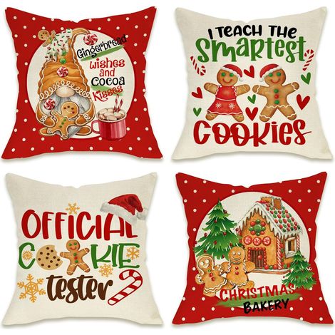 Juego de 4 fundas de cojín de 45 x 45 cm con diseño de gnomo, galleta y árbol de Navidad, ideales para porche, patio o exteriores. Funda de cojín para sofá. (1/4)