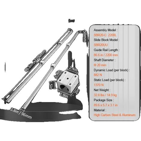 Rails de Guidage Linéaires, Haute Précision, Fonctionnement Silencieux, SBR20 2200MM (1/2)