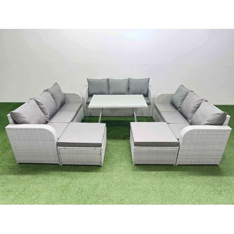 Fimous 11 Seat Outdoor PE Rattan Garden Furniture with Cushions 3 Seater Sofa 2 Big Stools Light Grey (1/4)