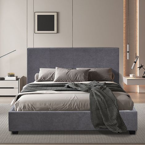 Lit double avec tête de lit 140x200 cm en tissu gris (1/5)