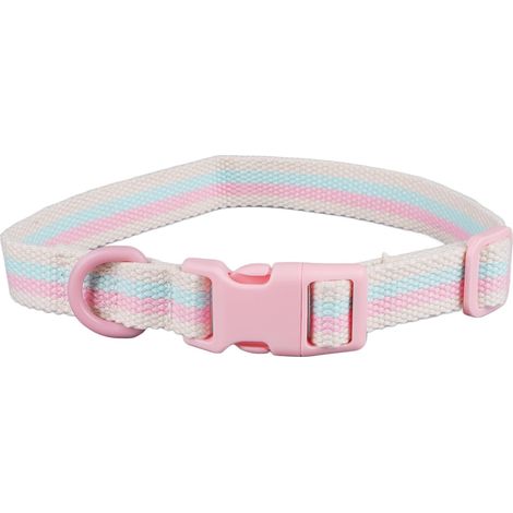 Trendiges, gestreiftes Hundehalsband aus komfortablem und strapazierfähigem Polyester, verstellbar, rosa, für kleine und mittelgroße Hunde. (1/5)