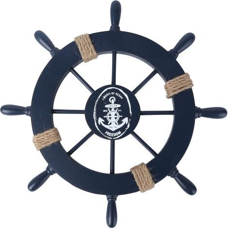 1 roue de bateau en bois bleu foncé, décorée au mur. (1/5)