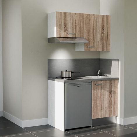 Kitchenette K01L-PT - 120 cm - plan stratifié, évier inox, - Façade Bois - Plan Gris béton - Evier Inox - Crédences Oui + Electroménager inclus coloris Inox