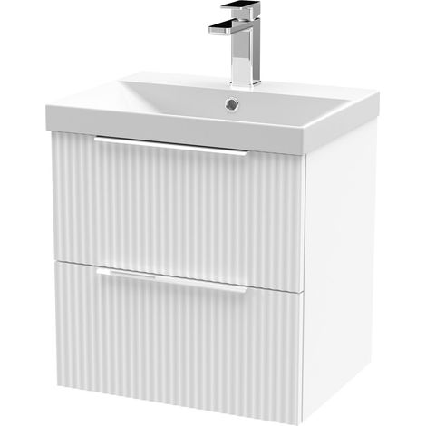 Tixall Fluted 2 Drawer Wall Hung Vanity Unit with Thin Edge Basin, Satin White, 500mm