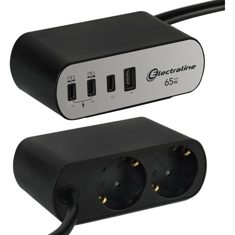 Multipresa da scrivania 2 prese schuko con 4 porte usb type-c pd 65w e usb-a cavo 2 m electraline 62584 (1/4)