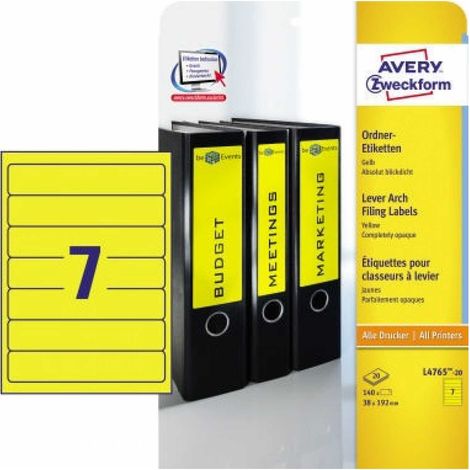 Ordnerrückenetikett ultragrip schmal/kurz 38 x 192 mm (B x H) selbstklebend ohne Griffloch gelb 140 Etik./Pack. (1/5)