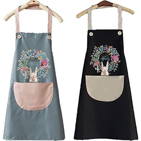 2 pièces Tablier de cuisine imperméable ,tablier de barbecue réglable avec poche, Familial Barbecue Restaurant Café, Pâques tablier de lapin mignon(bleu -le noir ) (1/4)