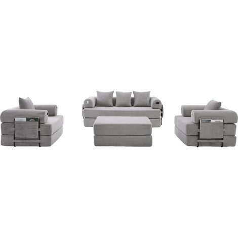 CHICFURN Sofá modular de 4 plazas 200x190x67 cm en tejido de canalé gris claro con puf (1/5)