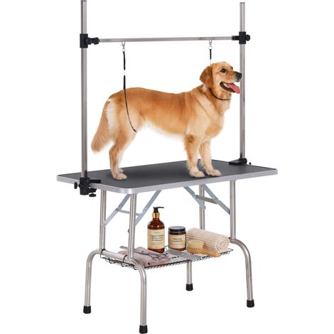 Pawhut – Table de toilettage pour chien – Potence H inox réglable – Charge max 100 kg – Plateau antidérapant 107 x 60 cm – Pliable noir