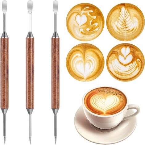 3 stylos à latte double face avec poignée en bois, spécialement conçus pour baristes pointes à latte art en acier inoxydable pour espresso, adaptées à la préparation de cappuccino, macchiato et autres (1/5)
