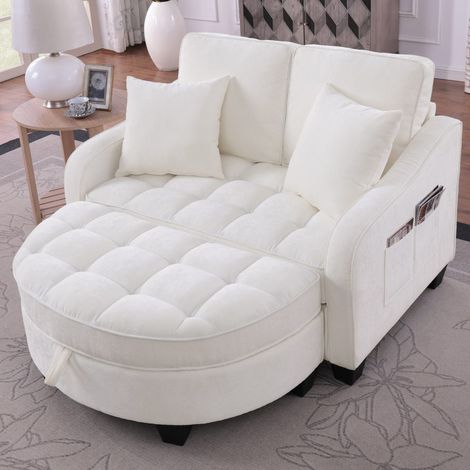 Canapé-lit 2-en-1 avec pouf de rangement, eucalyptus et tissu respirant, beige, 132x129x93cm (1/4)