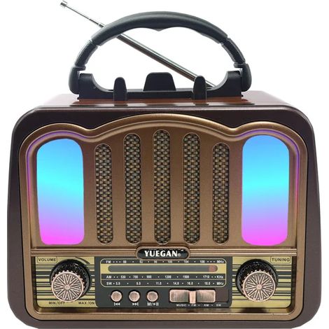 (Marron) Radio à bande complète, haut-parleur Bluetooth avec éclairage RGB, rechargeable, avec lampe torche, emplacement pour carte TF et port USB. (1/5)