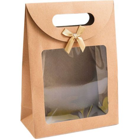10 Pièces Sac Papier Kraft, Sachet Kraft Sac Cadeau Cadeau avec Fenêtre, avec Poignée 16x12x6cm pour Emballer Cadeaux de Banquet Biscuits Bonbons (Couleur Bois) (1/5)