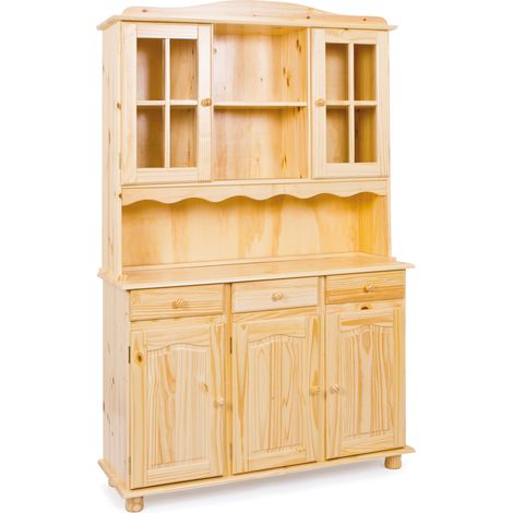 Toswa Vitrinenschrank 3 Türen, 2 Glastüren, 3 Schubladen, 2 offene Fächer, natur.