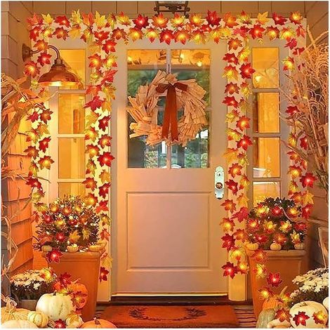 Lot de 2 guirlandes lumineuses d'automne à feuilles d'érable multicolores, 6,096 m / 40 LED, alimentation à piles. Déco intérieur/extérieur : maison, porche, table, mariage, Thanksgiving, Noël. (1/5)