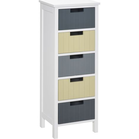 Commode multicolore 35x28x90,5 cm avec 5 tiroirs en bois et pieds surélevés, meuble enfant design gain de place pour chambre colorée