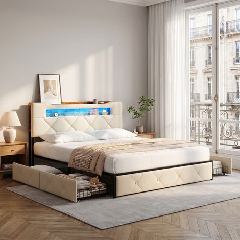 Lit 160x200 cm avec sommier à lattes et 4 tiroirs, Lit adulte avec éclairage LED et charge USB, Cadre de lit coffre 160x200 avec rangement et tête de lit, Velours, Beige (1/5)