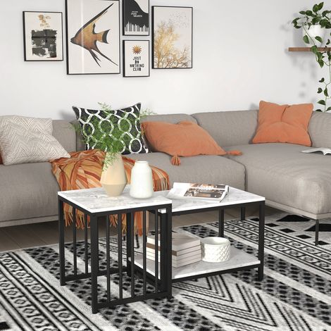 Lot de 2 tables d'appoint tables gigognes tables basses empilables avec plateau aspect bois effet marbre cadre en métal