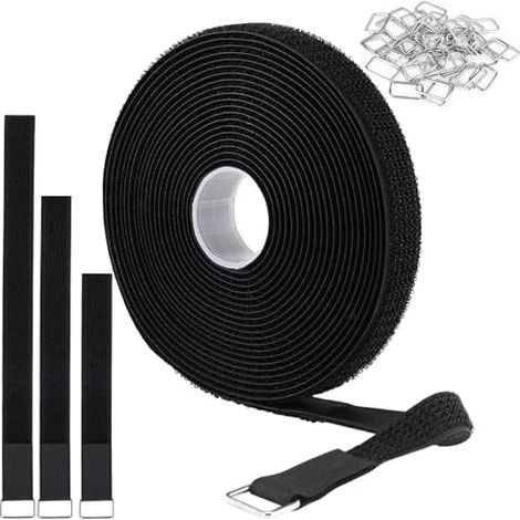 Bande Auto-Agrippante 5m x 2cm avec 25 Boucles Métalliques – Attache Câble Réutilisable, Découpable pour Fils, Tuyaux, Maison et Extérieur Noir - (1/5)