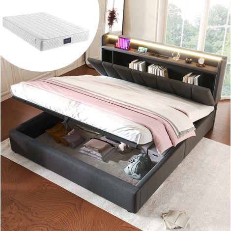 Cama doble tapizada con LED USB y colchón gris OKMYHOME (1/5)
