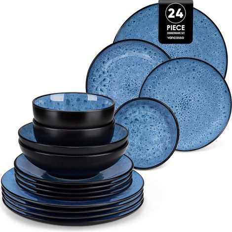 Service de Table pour 6 Personnes, Service Vaisselle 24 Pièces en Grès - 6 Assiettes Plates, 6 Assiettes à Dessert, 6 Assiettes Creuses et 6 Bols - Glaçure Bleu, Compatible Micro-Ondes (1/5)