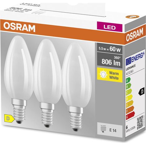 OSRAM LED-Lampe, a Candela, E14, 5.5 Watt, Bianco, Bianco Caldo, 2700 Kelvin, 3-Pack (1/3)