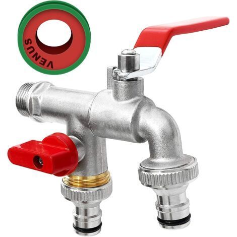 Double Garden Faucet, Brass Faucet,Premium Double Faucet 3/4" Inch BSP Brass Anti-Rust and Anti-Freeze + 2X Free Hose Connections Garden, Washing Machine (1/5)