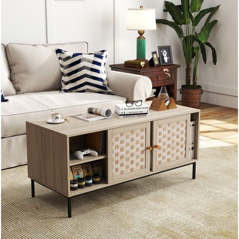 MODFU – Mesa de centro 106x50x47,5 cm de madera ingenierizada con 4 puertas correderas extraíbles, divisiones regulables, patas de metal y carga 25,9 kg – Roble (1/5)