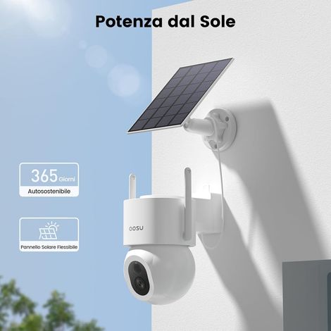 AOSU 2K Telecamera Wi-fi Esterno Senza Fili, Pannello Solare Ad Alta Capacità, 360° PTZ, 400lm Faretto, Rilevamento AI di Persone, Animali e Auto, Visione Notturna a Colori, Allarme Luce e Suono