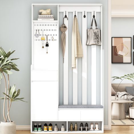 Banc de rangement rembourré pour entrée avec panneau perforé, meuble à chaussures multifonction, porte-manteau moderne 4 crochets, Blanc, H180 x L100 x P35 cm