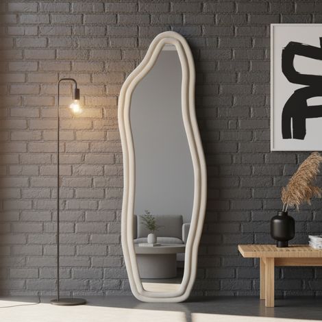 Miroir sur pied, cadre en velours cristal, avec film anti-explosion, 160x50 cm, base antidérapante, verre haute définition, support forme de U, Blanc (1/5)