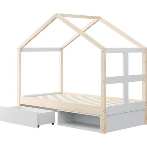 Lit cabane 90 x 190 cm avec tiroirs, range-chaussures et LED multicolore, bois naturel (1/5)