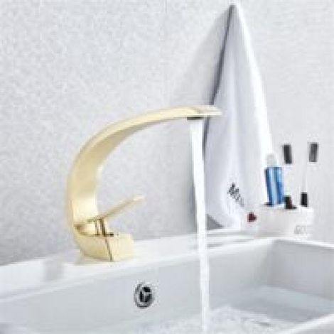 Robinet de lavabo de salle de bain moderne à un trou et une poignée, ,Mitigeur Lavabo,Eau Chaude et Froide,Or(Sans Tuyaux) (1/4)