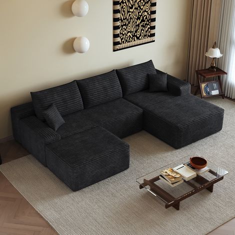 Canapé d'angle en U 270cm,canapé modulaire en velours côtelé,avec chaiselongue,1 repose-pieds,canapé 4 place compression,assise profonde,noir