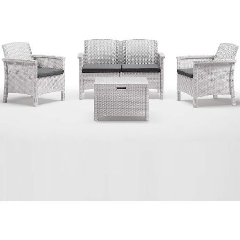 Bica – Salon de jardin blanc 4 places en similirattan – Kit avec coussins – Résistant aux intempéries – Parfait pour terrasses et jardins