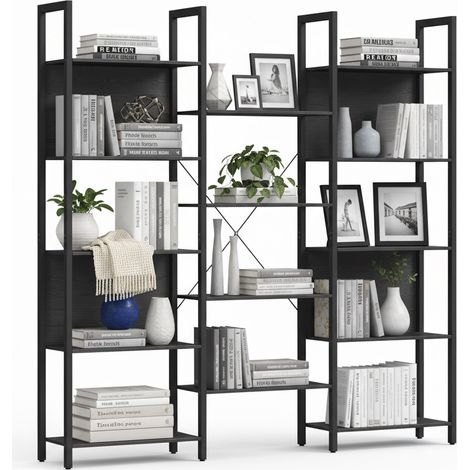 Relaxdays Libreria Industrial, 14 ripiani, legno e metallo, scaffale per soggiorno, ufficio, HBT 166x158x24 cm, nero