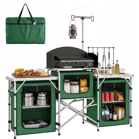 Meuble de cuisine camping pliable 3 étagères 4 crochets panier lumineux sac transport 172x48x130 cm Vert