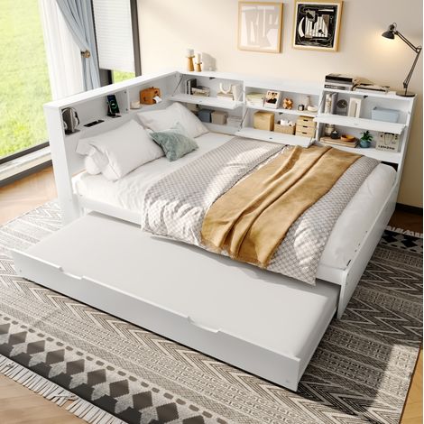 Bett-Daybed aus Kiefer und MDF weiß 140x200 cm mit Stauraum-Kopfteil und Ausziehbett (1/5)