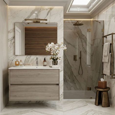 Mobile bagno sospeso 100x45 cm colore rovere scuro con 2 cassetti e lavabo incluso – Soria