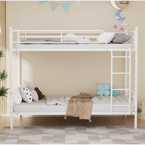 Lit superposé acier blanc 90x190 cm, échelle métallique et barrière OKMYHOME (1/5)
