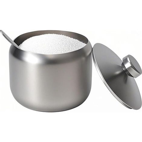 Elegante azucarero redondo de 400 ml fabricado en acero inoxidable 304 con cuchara y tapa, perfecto para la cocina, cafetería y restaurante. (1/5)